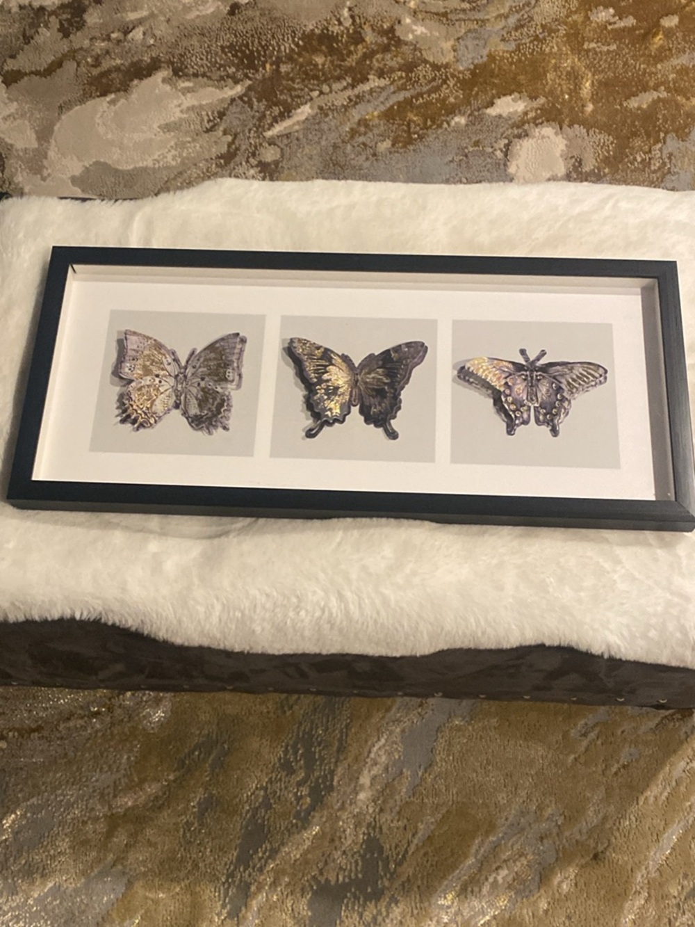 Framed Triple 3D Butterfly Wall Art - Gold & Black Accents NEW